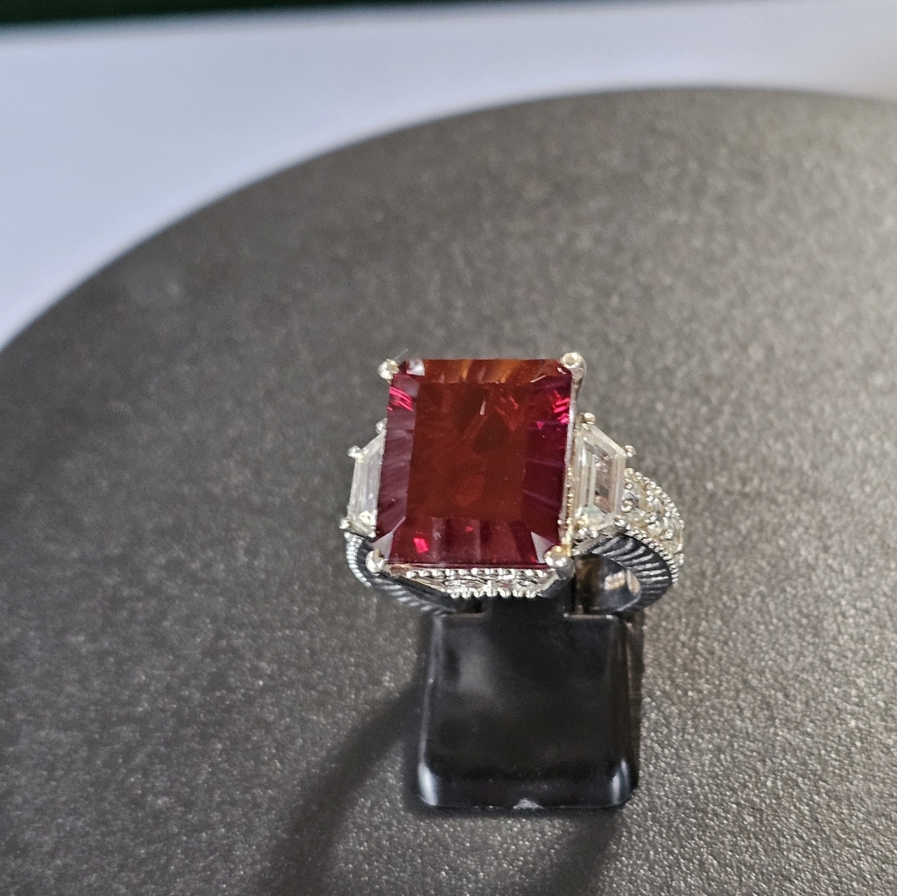 Blazing Red Quartz & White Topaz Ring in Platinum/925 Size 6